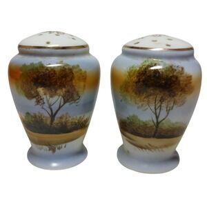Vintage Salt and‎ Pepper Shakers Hand Painted Nature Scene Tree Sunset Japan